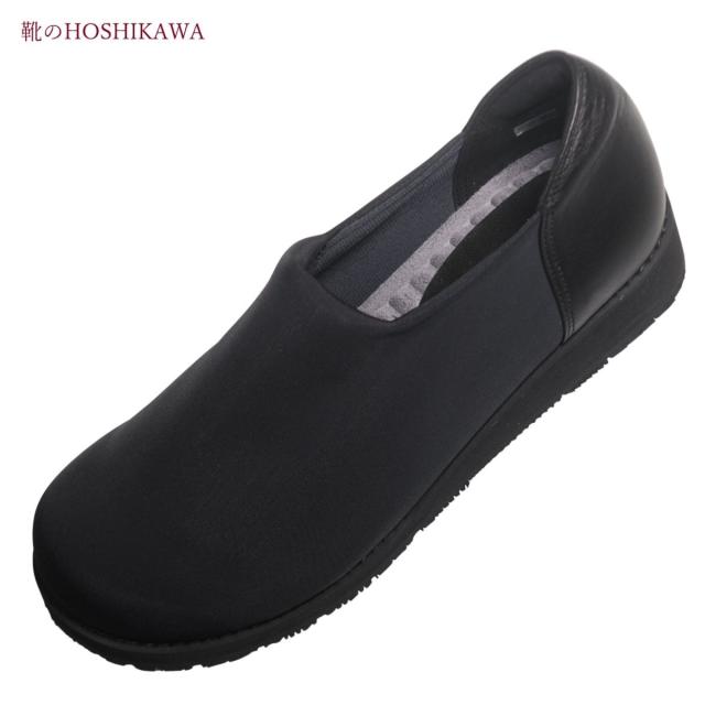 【靴のHOSHIKAWA】  『FREE TIME I-58S』 フリータイム スリッポン 22cm〜24.5cm EEEEE ウェッジソールストレッチ ブラック レディース 外反母趾 幅が広い 柔らかい 本革 軽量 日本製