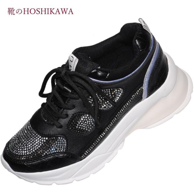 【靴のHOSHIKAWA】  『MUUM 9370』 ムーム スニーカー S M L 2L レディース ブラック レースアップ ホワイトソール ラインストーン キレイ目 合皮