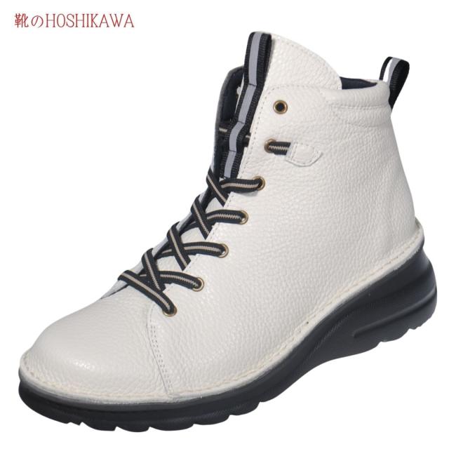 【靴のHOSHIKAWA】  『A-OK 0273』 エーオーケー ミドルブーツ 21.5cm〜25cm EEEE アイボリー レディース ゴムレース ミドル丈 国産 幅広 厚底 軽量 秋冬