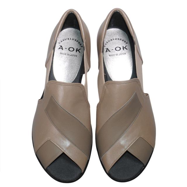 【靴のHOSHIKAWA】  『A-OK 0790』 エーオーケー サンダル 22cm〜24.5cm EEE オープントゥ レディース グレージュM コンフォート ウェッジソール 天然皮革 日本製 春夏