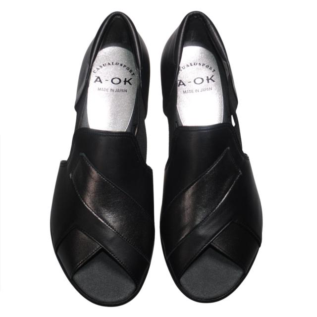【靴のHOSHIKAWA】  『A-OK 0790』 エーオーケー サンダル 22cm〜24.5cm EEE オープントゥ レディース クロ コンフォート ウェッジソール 天然皮革 日本製 春夏