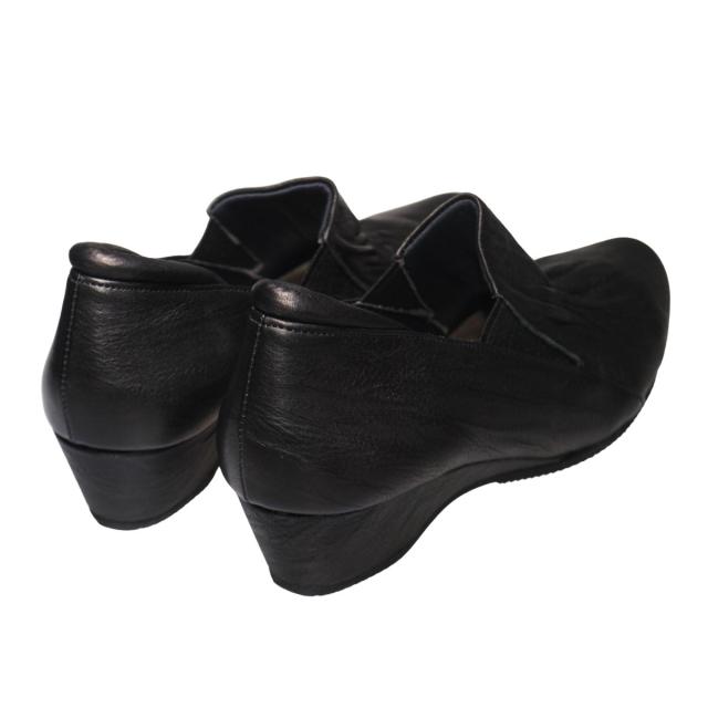 【靴のHOSHIKAWA】  『A-OK 1020』 22cm〜24.5cm EEEE レディース パンプス ブラック ローヒール 幅が広い アーモンドトゥ サイドゴア シボ加工 日本製 本革 幅広