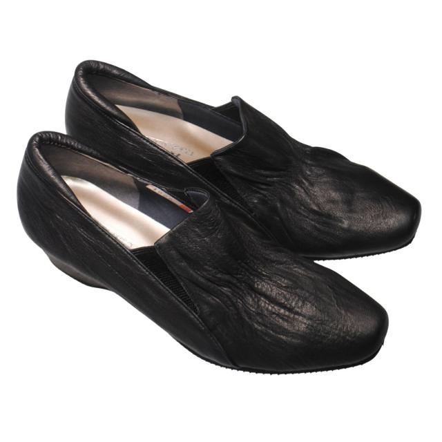 【靴のHOSHIKAWA】  『A-OK 1020』 22cm〜24.5cm EEEE レディース パンプス ブラック ローヒール 幅が広い アーモンドトゥ サイドゴア シボ加工 日本製 本革 幅広