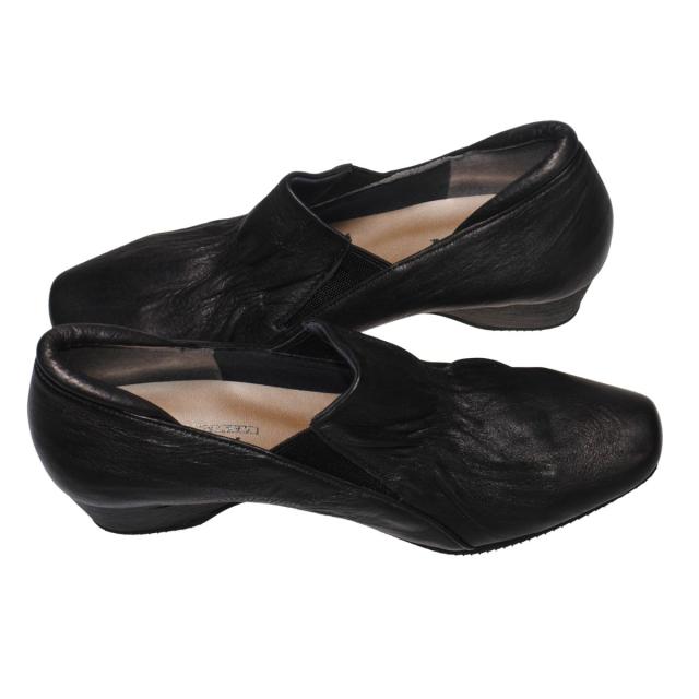 【靴のHOSHIKAWA】  『A-OK 1020』 22cm〜24.5cm EEEE レディース パンプス ブラック ローヒール 幅が広い アーモンドトゥ サイドゴア シボ加工 日本製 本革 幅広