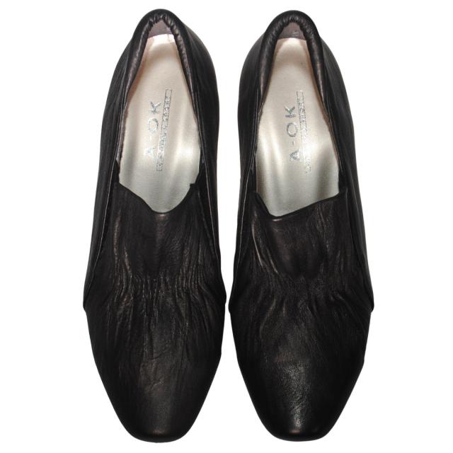 【靴のHOSHIKAWA】  『A-OK 1020』 22cm〜24.5cm EEEE レディース パンプス ブラック ローヒール 幅が広い アーモンドトゥ サイドゴア シボ加工 日本製 本革 幅広