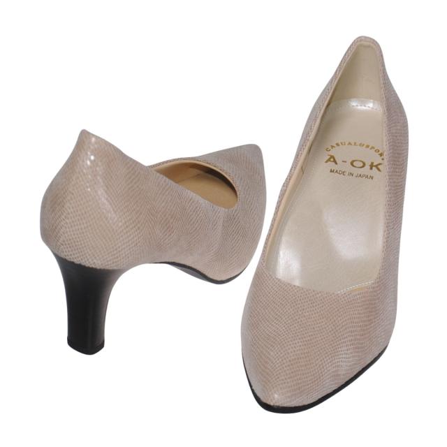 【靴のHOSHIKAWA】  『A-OK 12』 エーオーケー パンプス 21.5cm〜25cm レディース ベージュトカゲ ポインテッドトゥ カジュアル ヒール 天然皮革 国産