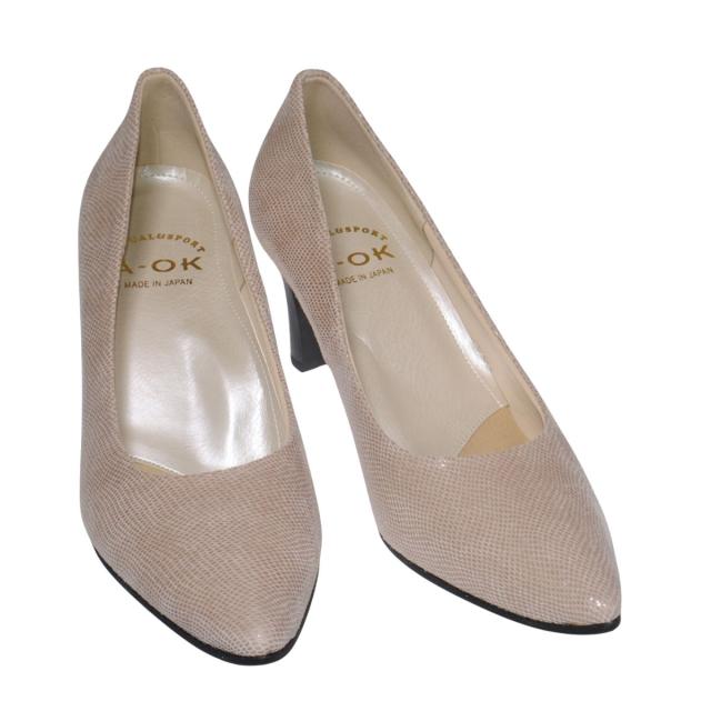 【靴のHOSHIKAWA】  『A-OK 12』 エーオーケー パンプス 21.5cm〜25cm レディース ベージュトカゲ ポインテッドトゥ カジュアル ヒール 天然皮革 国産