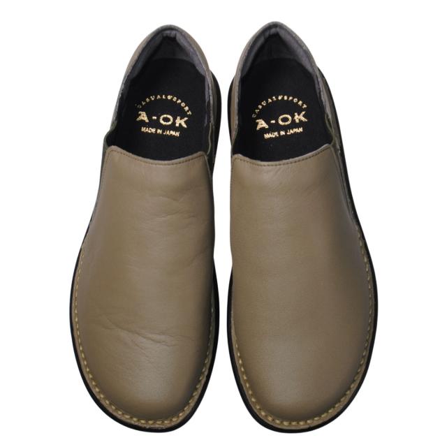 【靴のHOSHIKAWA】  『A-OK 19604』 エーオーケー スリッポン 22cm〜24.5cm EEEE グレー カジュアル レディース ローヒール サイドゴア 牛革 幅広 国産