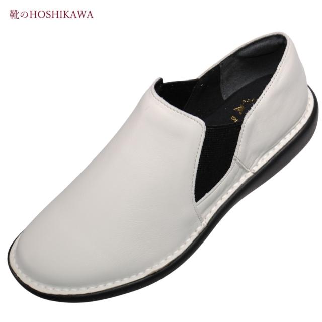 【靴のHOSHIKAWA】  『A-OK 19604』 エーオーケー スリッポン 22cm〜24.5cm EEEE ホワイト カジュアル レディース ローヒール サイドゴア 牛革 幅広 国産