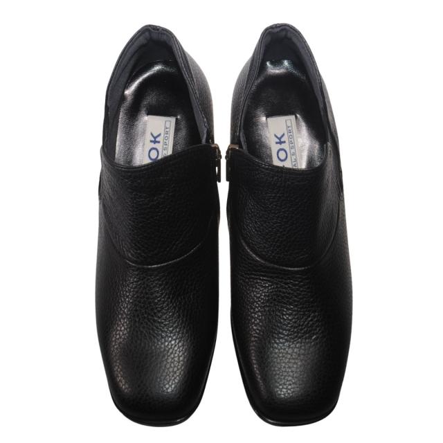 【靴のHOSHIKAWA】  『A-OK 2482』 エーオーケー ブーティー 21.5cm〜24.5cm EEE ブラック レディース ローヒール ショート丈 サイドファスナー 国産 幅広 秋冬