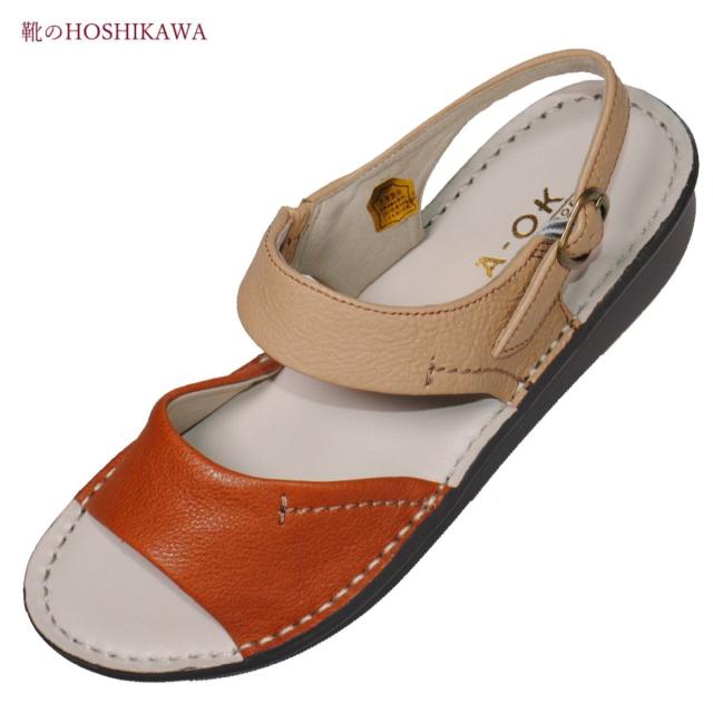 【靴のHOSHIKAWA】  『A-OK 2980』 エーオーケー サンダル S〜2L レディース オープントゥ ライトブラウンC コンフォ—ト バックストラップ フラット底 牛革