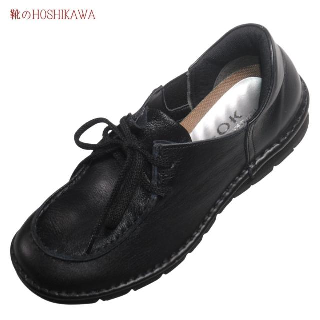 【靴のHOSHIKAWA】  『A-OK 320』 エーオーケー ブーティー 22cm〜24.5cm EEEE ブラック カジュアル レディース ワラビー風 レースアップ 幅が広い 牛革 国産