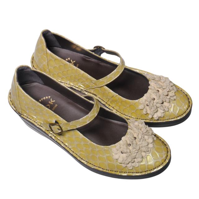 【靴のHOSHIKAWA】  『A-OK 32362』 エーオーケー パンプス 22cm〜24.5cm 幅広 オープントゥ レディース イエロー エナメル 厚底 甲バンド ストラップ 天然皮革 日本製