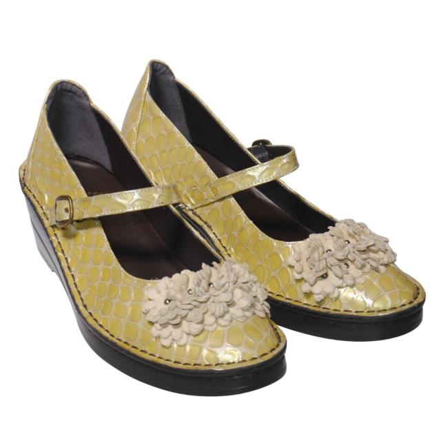 【靴のHOSHIKAWA】  『A-OK 32362』 エーオーケー パンプス 22cm〜24.5cm 幅広 オープントゥ レディース イエロー エナメル 厚底 甲バンド ストラップ 天然皮革 日本製