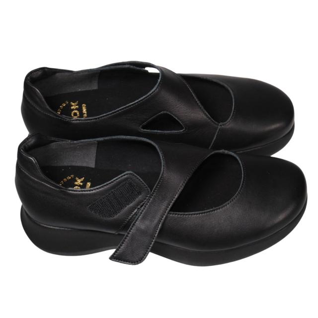 【靴のHOSHIKAWA】  『A-OK 33364』 エーオーケー 厚底パンプス 22cm〜24.5cm EEEE ブラック カジュアル レディース ボリュームソール マジックテープ 幅が広い 牛革 国産