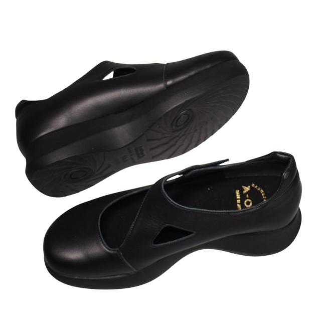 【靴のHOSHIKAWA】  『A-OK 33364』 エーオーケー 厚底パンプス 22cm〜24.5cm EEEE ブラック カジュアル レディース ボリュームソール マジックテープ 幅が広い 牛革 国産