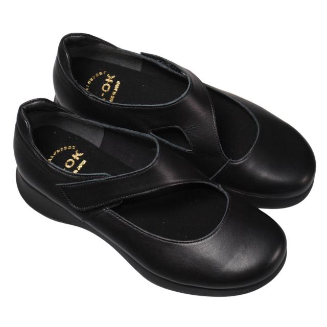 【靴のHOSHIKAWA】  『A-OK 33364』 エーオーケー 厚底パンプス 22cm〜24.5cm EEEE ブラック カジュアル レディース ボリュームソール マジックテープ 幅が広い 牛革 国産