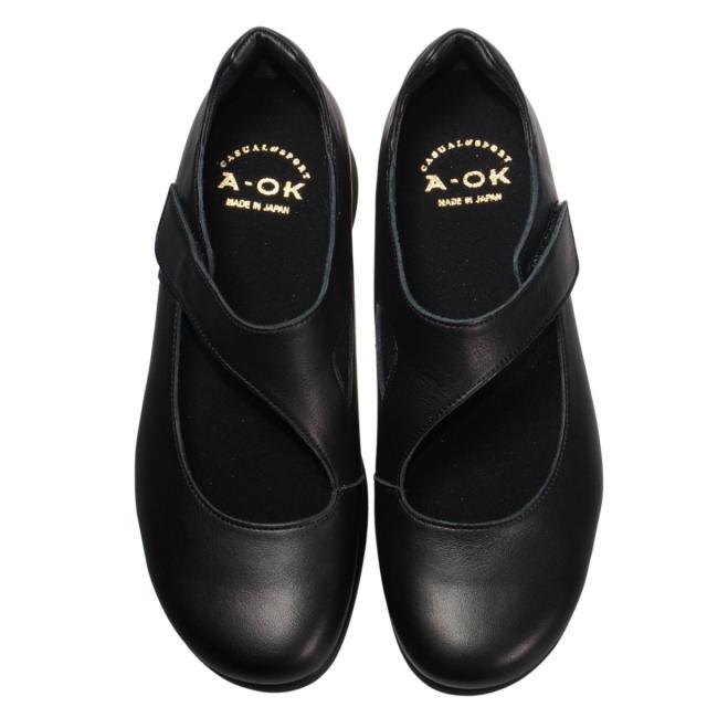 【靴のHOSHIKAWA】  『A-OK 33364』 エーオーケー 厚底パンプス 22cm〜24.5cm EEEE ブラック カジュアル レディース ボリュームソール マジックテープ 幅が広い 牛革 国産