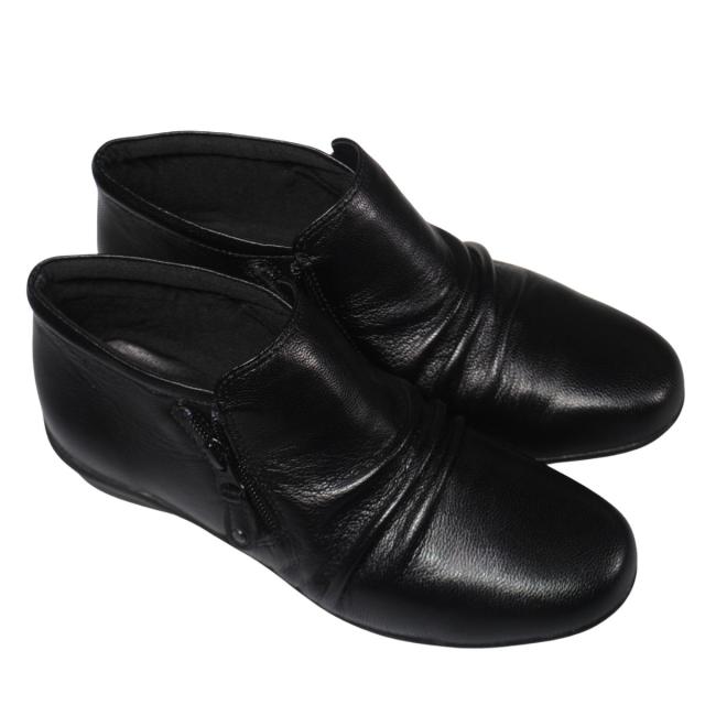 【靴のHOSHIKAWA】  『A-OK 3650』 エーオーケー ブーティー 22.5cm〜24.5cm レディース ブラック ショート丈 ブーツ 両側ファスナー 牛革 幅広 秋冬