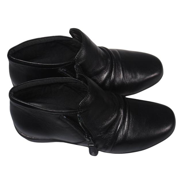 【靴のHOSHIKAWA】  『A-OK 3650』 エーオーケー ブーティー 22.5cm〜24.5cm レディース ブラック ショート丈 ブーツ 両側ファスナー 牛革 幅広 秋冬