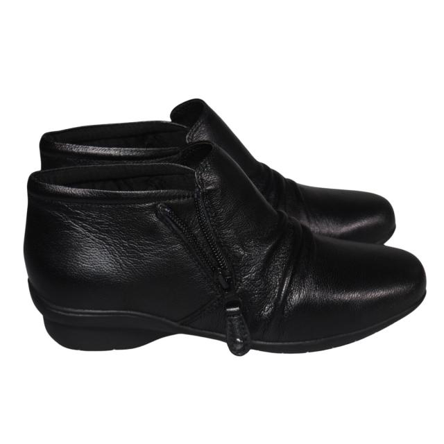 【靴のHOSHIKAWA】  『A-OK 3650』 エーオーケー ブーティー 22.5cm〜24.5cm レディース ブラック ショート丈 ブーツ 両側ファスナー 牛革 幅広 秋冬