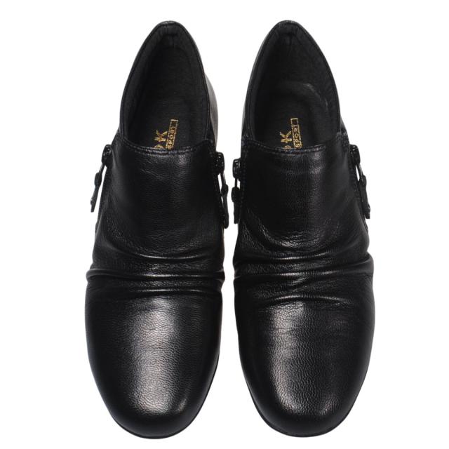 【靴のHOSHIKAWA】  『A-OK 3650』 エーオーケー ブーティー 22.5cm〜24.5cm レディース ブラック ショート丈 ブーツ 両側ファスナー 牛革 幅広 秋冬