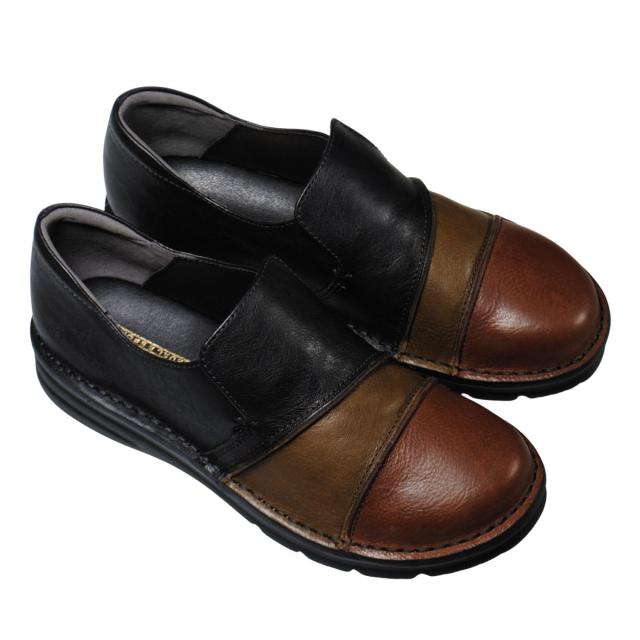 【靴のHOSHIKAWA】  『A-OK 3757』 エーオーケー スリッポン 22.5cm〜24.5cm EEEE レディース ブラックC コンビカラー 幅が広い コンフォートシューズ 天然皮革 フラット底 日本製