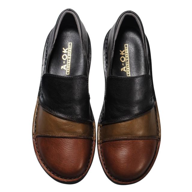 【靴のHOSHIKAWA】  『A-OK 3757』 エーオーケー スリッポン 22.5cm〜24.5cm EEEE レディース ブラックC コンビカラー 幅が広い コンフォートシューズ 天然皮革 フラット底 日本製