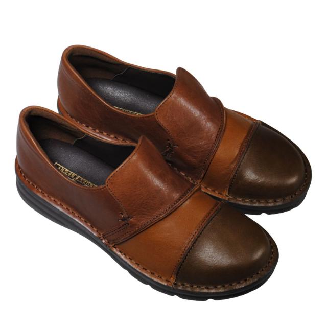 【靴のHOSHIKAWA】  『A-OK 3757』 エーオーケー スリッポン 22.5cm〜24.5cm EEEE レディース ブラウンC コンビカラー 幅が広い コンフォートシューズ 天然皮革 フラット底 日本製