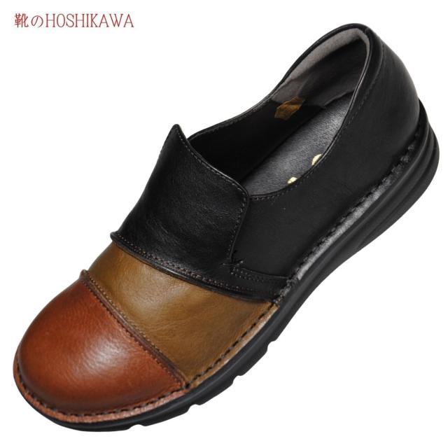 【靴のHOSHIKAWA】  『A-OK 3757』 エーオーケー スリッポン 22.5cm〜24.5cm EEEE レディース ブラックC コンビカラー 幅が広い コンフォートシューズ 天然皮革 フラット底 日本製