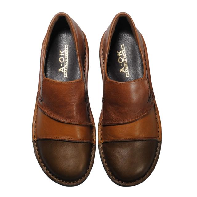【靴のHOSHIKAWA】  『A-OK 3757』 エーオーケー スリッポン 22.5cm〜24.5cm EEEE レディース ブラウンC コンビカラー 幅が広い コンフォートシューズ 天然皮革 フラット底 日本製