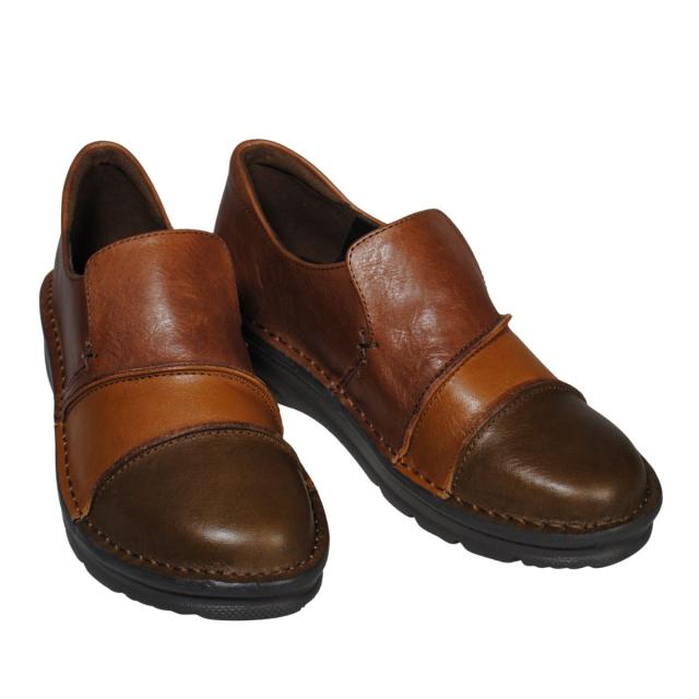 【靴のHOSHIKAWA】  『A-OK 3757』 エーオーケー スリッポン 22.5cm〜24.5cm EEEE レディース ブラウンC コンビカラー 幅が広い コンフォートシューズ 天然皮革 フラット底 日本製