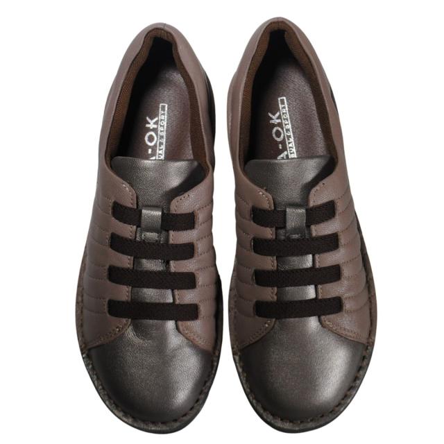 【靴のHOSHIKAWA】  『A-OK 3762』 エーオーケー スリッポン 22.5cm〜24.5cm EEEE グレージュ コンビカラー レディース ゴムレース 牛革 幅広 脱げにくい