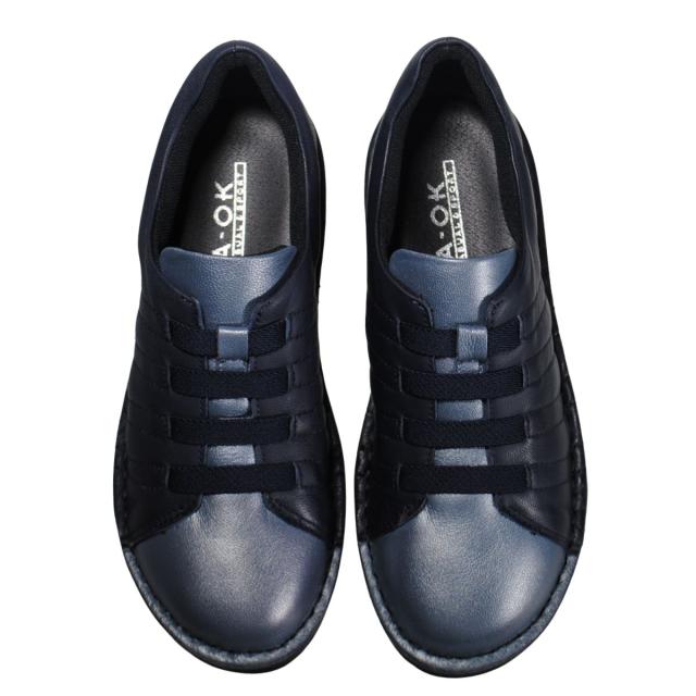 【靴のHOSHIKAWA】  『A-OK 3762』 エーオーケー スリッポン 22.5cm〜24.5cm EEEE ネイビー コンビカラー レディース ゴムレース 牛革 幅広 脱げにくい