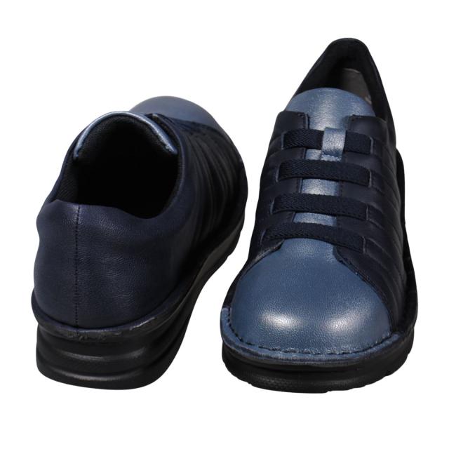 【靴のHOSHIKAWA】  『A-OK 3762』 エーオーケー スリッポン 22.5cm〜24.5cm EEEE ネイビー コンビカラー レディース ゴムレース 牛革 幅広 脱げにくい