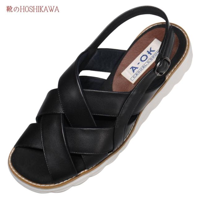 【靴のHOSHIKAWA】  『A-OK 37653』 エーオーケー コンフォート サンダル 22cm〜25cm EEEE ブラック 日本製 バックベルト 軽量 牛革 幅広 春夏