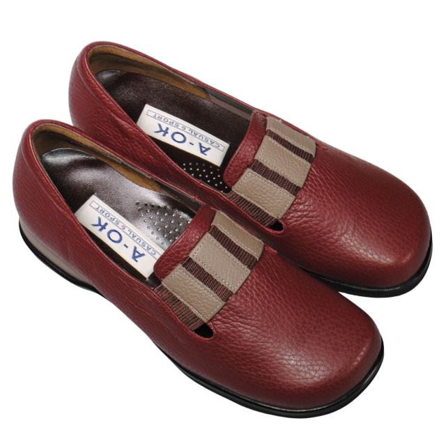 【靴のHOSHIKAWA】  『A-OK 3820』 エーオーケー スリッポン 21.5cm〜24.5cm EEEE ボルドー カジュアル レディース ローヒール 外反母趾対応 牛革 国産