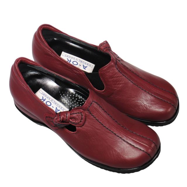 【靴のHOSHIKAWA】  『A-OK 3863』 エーオーケー スリッポン 21.5cm〜25cm EEEE ワイン カジュアル レディース 外反母趾 スクエアトゥ コンフォート 日本製 牛革 防滑