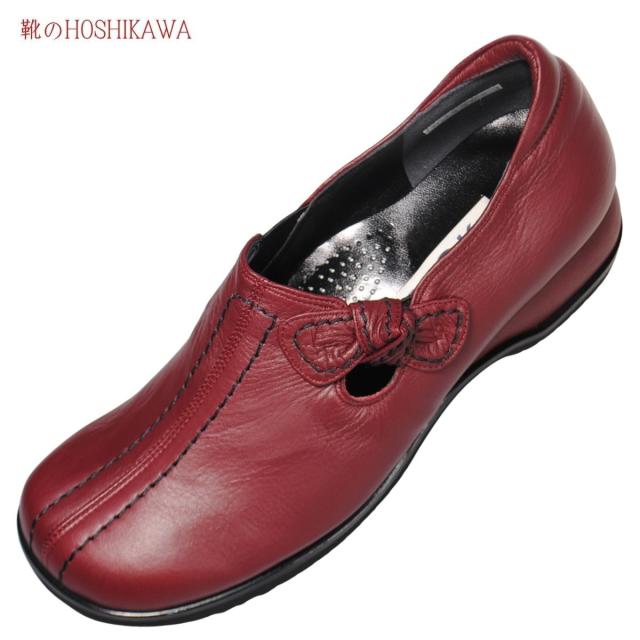 【靴のHOSHIKAWA】  『A-OK 3863』 エーオーケー スリッポン 21.5cm〜25cm EEEE ワイン カジュアル レディース 外反母趾 スクエアトゥ コンフォート 日本製 牛革 防滑