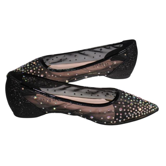 【靴のHOSHIKAWA】  『maaRu 5603』 マアル カジュアルパンプス 22.5cm〜24.5cm レディース チュールレース ポインテッドトゥ ラインストーン ぺたんこ 通気性 軽量 春夏