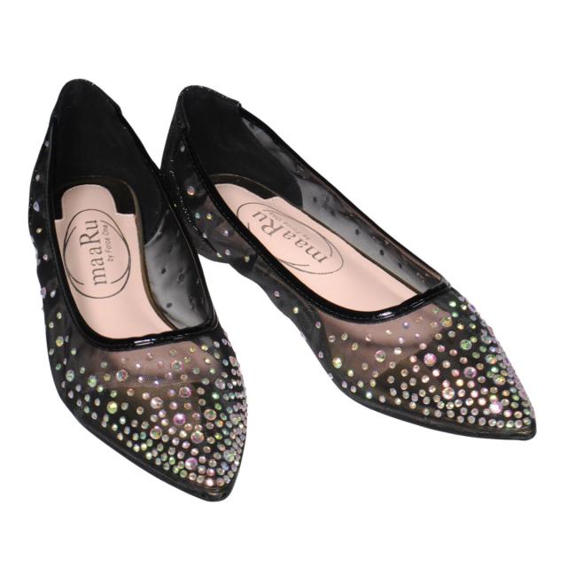 【靴のHOSHIKAWA】  『maaRu 5603』 マアル カジュアルパンプス 22.5cm〜24.5cm レディース チュールレース ポインテッドトゥ ラインストーン ぺたんこ 通気性 軽量 春夏