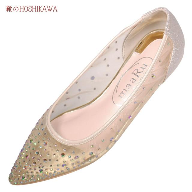 【靴のHOSHIKAWA】  『maaRu 5603』 マアル カジュアルパンプス 22.5cm〜24.5cm レディース チュールレース ポインテッドトゥ ラインストーン ぺたんこ 通気性 軽量 春夏