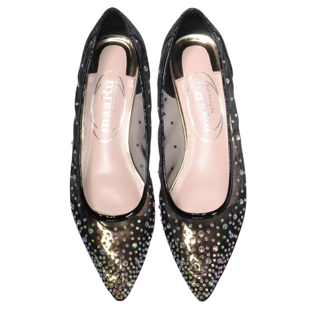 【靴のHOSHIKAWA】  『maaRu 5603』 マアル カジュアルパンプス 22.5cm〜24.5cm レディース チュールレース ポインテッドトゥ ラインストーン ぺたんこ 通気性 軽量 春夏