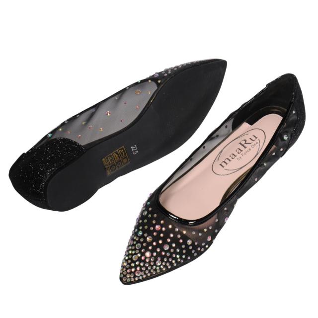 【靴のHOSHIKAWA】  『maaRu 5603』 マアル カジュアルパンプス 22.5cm〜24.5cm レディース チュールレース ポインテッドトゥ ラインストーン ぺたんこ 通気性 軽量 春夏