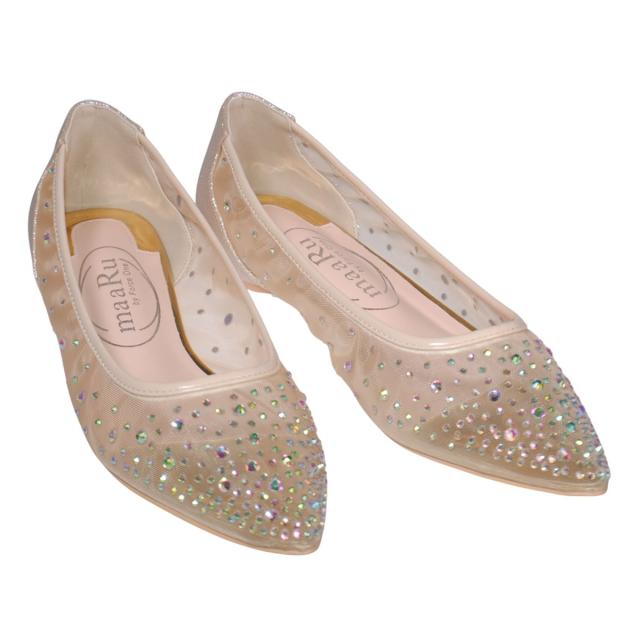 【靴のHOSHIKAWA】  『maaRu 5603』 マアル カジュアルパンプス 22.5cm〜24.5cm レディース チュールレース ポインテッドトゥ ラインストーン ぺたんこ 通気性 軽量 春夏