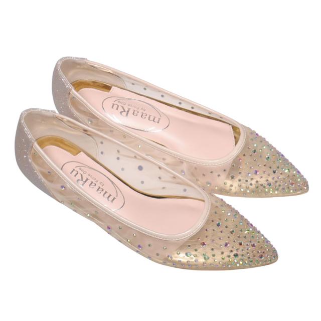 【靴のHOSHIKAWA】  『maaRu 5603』 マアル カジュアルパンプス 22.5cm〜24.5cm レディース チュールレース ポインテッドトゥ ラインストーン ぺたんこ 通気性 軽量 春夏