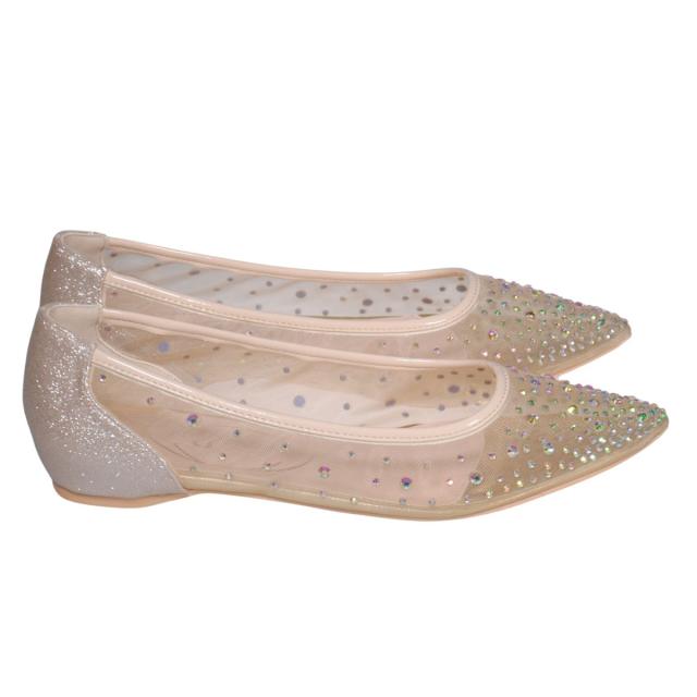 【靴のHOSHIKAWA】  『maaRu 5603』 マアル カジュアルパンプス 22.5cm〜24.5cm レディース チュールレース ポインテッドトゥ ラインストーン ぺたんこ 通気性 軽量 春夏