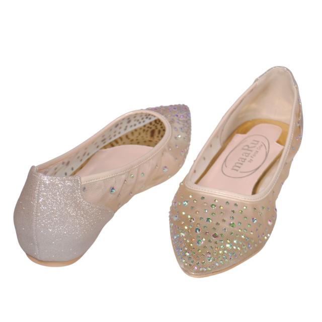 【靴のHOSHIKAWA】  『maaRu 5603』 マアル カジュアルパンプス 22.5cm〜24.5cm レディース チュールレース ポインテッドトゥ ラインストーン ぺたんこ 通気性 軽量 春夏