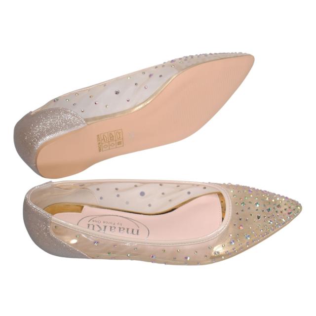 【靴のHOSHIKAWA】  『maaRu 5603』 マアル カジュアルパンプス 22.5cm〜24.5cm レディース チュールレース ポインテッドトゥ ラインストーン ぺたんこ 通気性 軽量 春夏