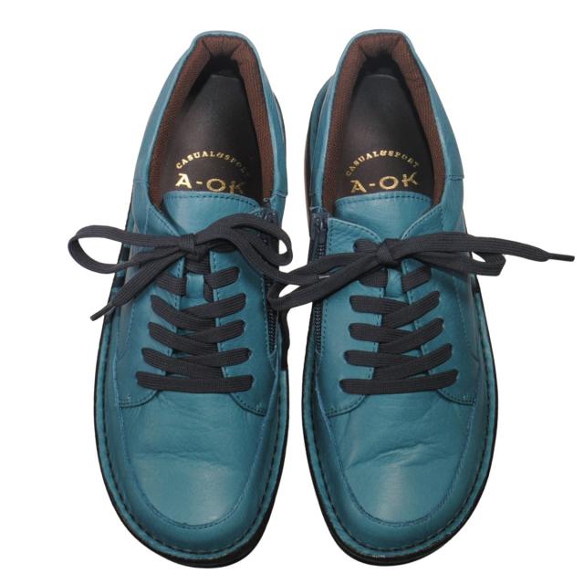 【靴のHOSHIKAWA】  『A-OK 60251』 エーオーケー ブーティー 22cm〜24.5cm レディース ブルーグレー カジュアル レースアップ ファスナー コンフォートシューズ 幅が広い 牛革 国産